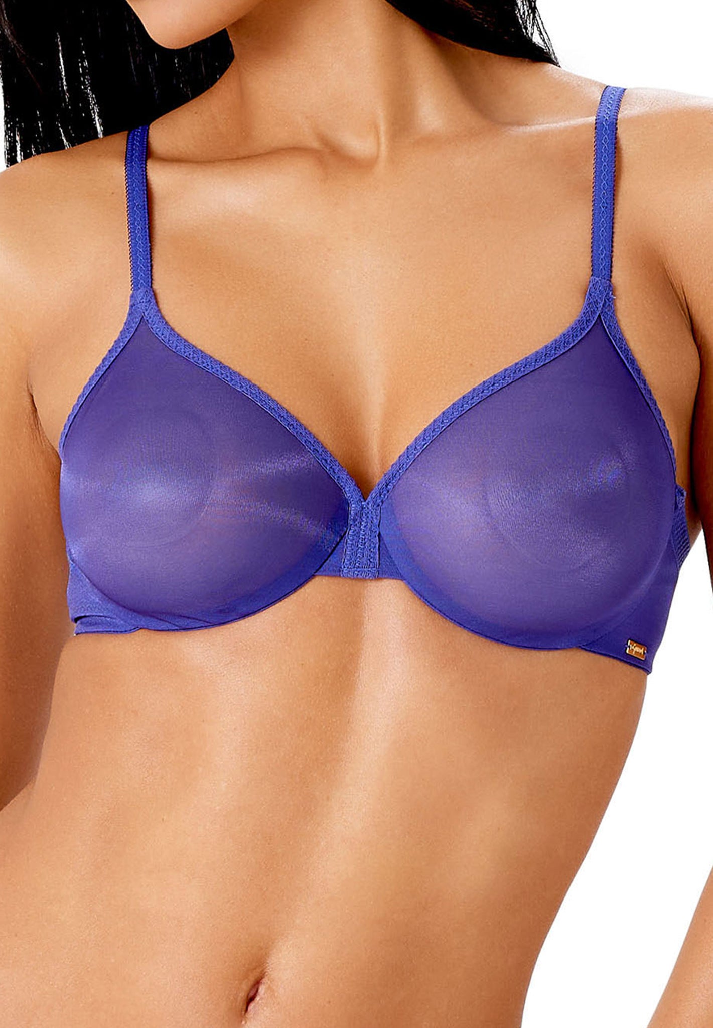 Front view of a women model wearing Gossard spectrum blue microfibre Sheer Bra