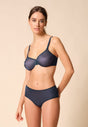 General view of a women model wearing Gossard shadow blue microfibre Sheer Bra