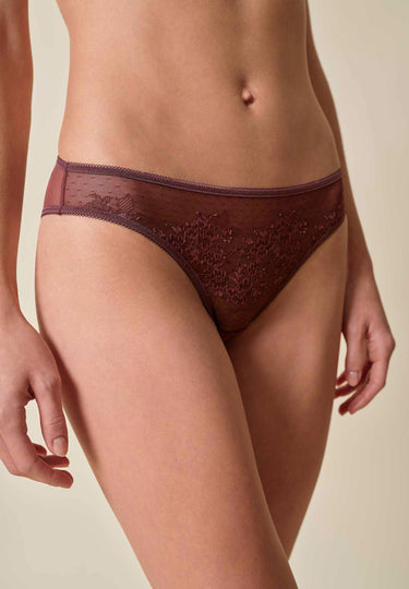 Front view of a women model wearing Gossard mocca brown microfibre Brief