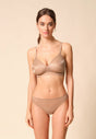 Full-body view of a women model wearing Gossard beige microfibre Bralet