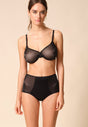Full-body view of a women model wearing Gossard black microfibre Deep Brief