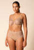 Full-body view of a women model wearing Gossard beige microfibre Sheer Bra