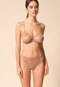 General view of a women model wearing Gossard beige microfibre Sheer Bra