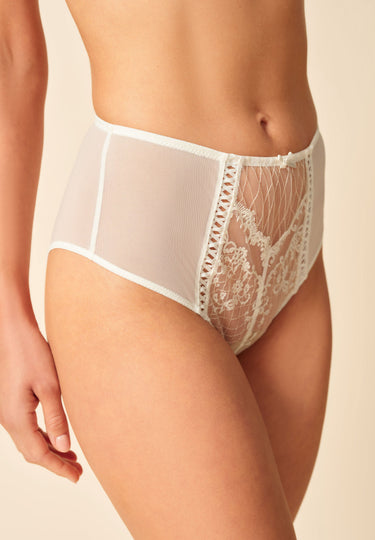 Front view of a women model wearing Gossard pale ivory microfibre Deep Brief