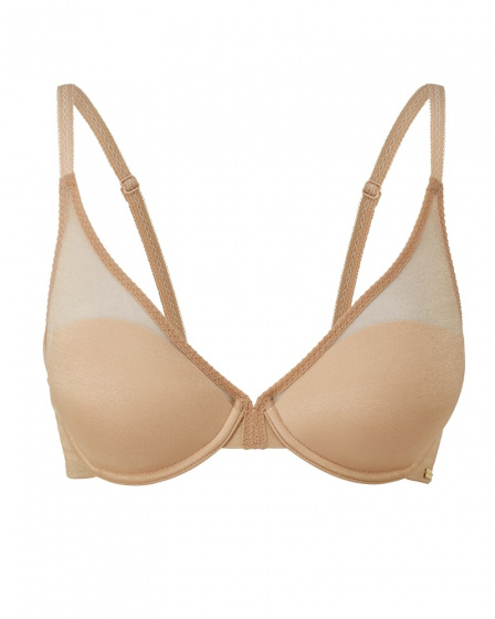 Glossies High Apex Light Padded Bra -Nude. Padded & sheer neckline bra, Gossard luxury lingerie, front bra cut out
