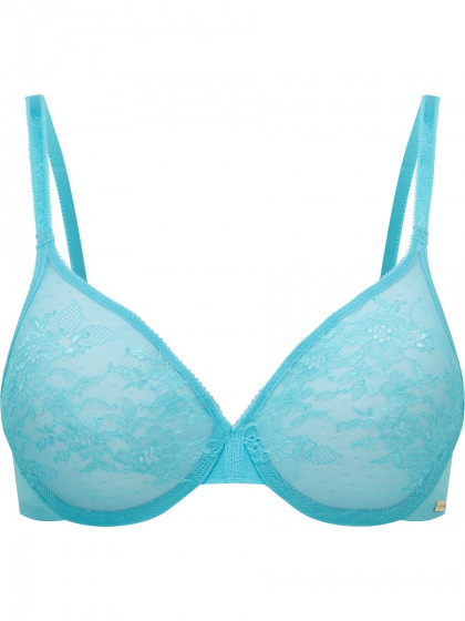 Glossies Lace Sheer Moulded Bra - Turquoise Sea. Moulded lace sheer bra, Gossard luxury lingerie, front bra cut out
