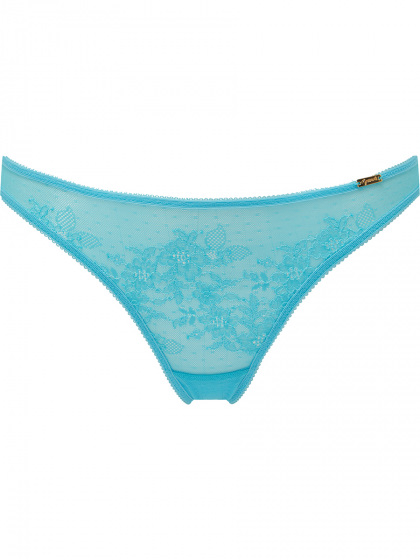 Glossies Lace Thong - Turquoise Sea. Sheer mesh thong with delicate floral lace , Gossard luxury lingerie, front thong cut out
