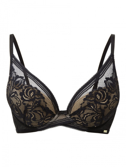 Encore Padded High Apex Bra - Black/Nude. Padded bra with a contemporary lace, Gossard luxury lingerie, front bra cut out
