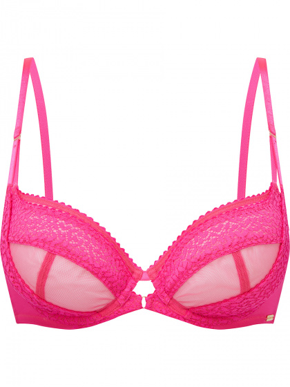 Envy Non Padded Plunge Bra - Pink Glo. Semi sheer bra with lace and mesh layered panel, Gossard lingerie, front bra cut out
