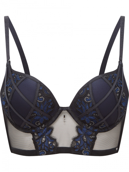 VIP Rapture Longline Padded Plunge Bra in Black with exclusive guipure embroidery. Gossard lingerie, front bra cut out
