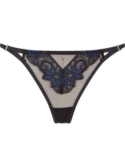 VIP Rapture High Leg Thong in Black with exclusive guipure embroidery and lurex finish. Gossard lingerie, front thong cut out
