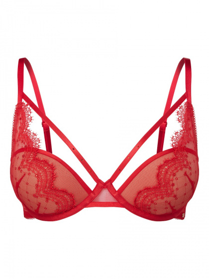 VIP Audacious Half Padded Plunge Bra in Red is sultry and seductive. High apex bra shape. Gossard lingerie, front bra cut out
