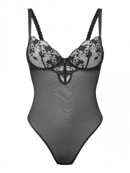VIP Taboo Non Padded Balcony Body in Black with intricate embroidery and sheer body. Gossard lingerie, front body cut out
