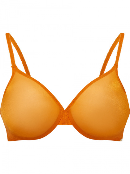 Glossies Sheer Moulded Bra - Mango Sorbet. Sheer bra cup, almost see through lingerie. Gossard lingerie, front bra cut out
