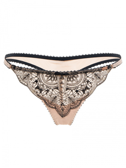 VIP Henna Thong-Black/Nude. Thong with intricate embroidery emulating a Henna tattoo, Gossard lingerie, front thong cut out
