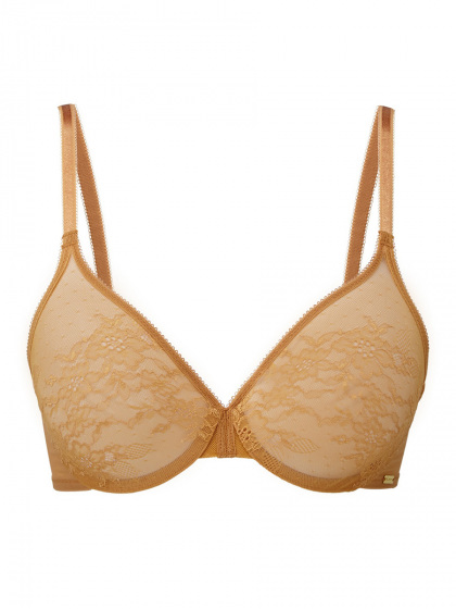 Glossies Lace Sheer Moulded Bra -Spiced Honey. Moulded lace sheer bra, Gossard luxury lingerie, front bra cut out
