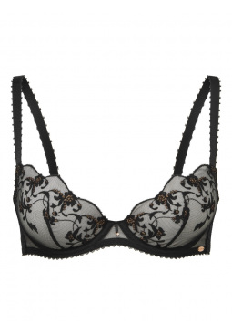 VIP Taboo Non Padded Balcony Bra in Black with intricate embroidery and sheer body. Gossard lingerie, front bra cut out
