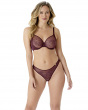 Glossies Lace Thong  - Fig. Sheer mesh thong with delicate floral lace, Gossard luxury lingerie, DD+ thong front model

