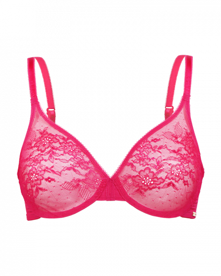 Glossies Lace Sheer Moulded Bra - Hot Pink. Moulded lace sheer bra, Gossard luxury lingerie, front bra cut out
