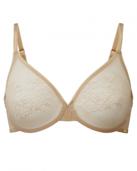 Glossies Lace Sheer Moulded Bra - Nude. Moulded lace sheer bra, Gossard luxury lingerie, front bra cut out
