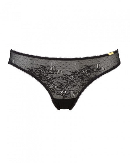 Glossies Lace Thong - Black. Sheer mesh thong with delicate floral lace , Gossard luxury lingerie, front thong cut out
