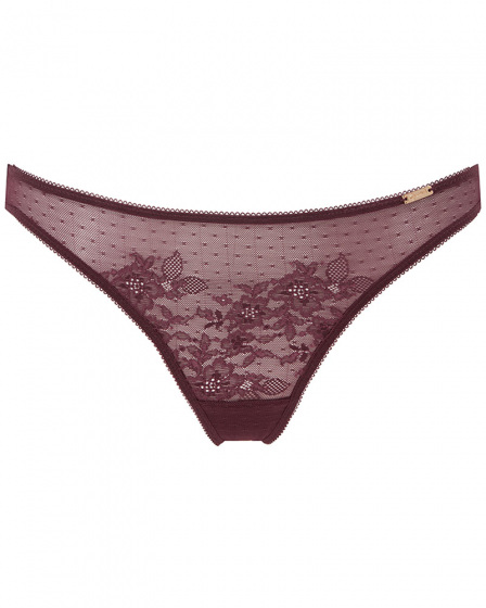 Glossies Lace Thong  - Fig. Sheer mesh thong with delicate floral lace, Gossard luxury lingerie, front thong cut out
