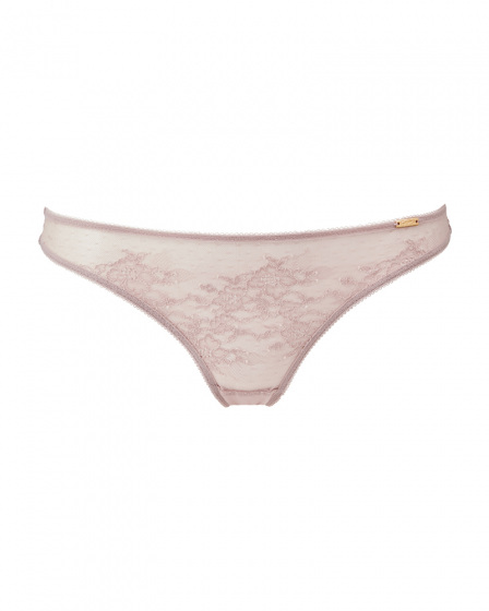 Glossies Lace Thong  - Mink . Sheer mesh thong with delicate floral lace, Gossard luxury lingerie, front thong cut out
