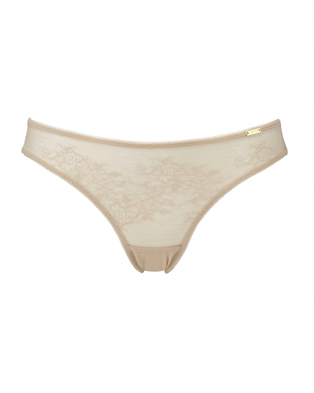 Glossies Lace Thong  - Nude . Sheer mesh thong with delicate floral lace, Gossard luxury lingerie, front thong cut out
