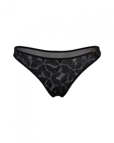 Glossies Lotus Brief-Black. Sheer brief with vintage style lace, Gossard luxury lingerie, front brief cut out
