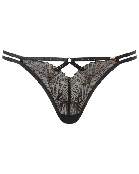 VIP Captivate Strappy Thong - Black/ Nude. Lurex Art Deco inspired embroidery thong, Gossard lingerie, front thong cut out
