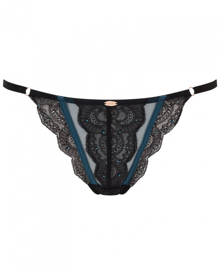 VIP Confession Strappy Thong- Black/Teal. Soft-sheen satin with stretchlace thong , Gossard lingerie, front thong cut out
