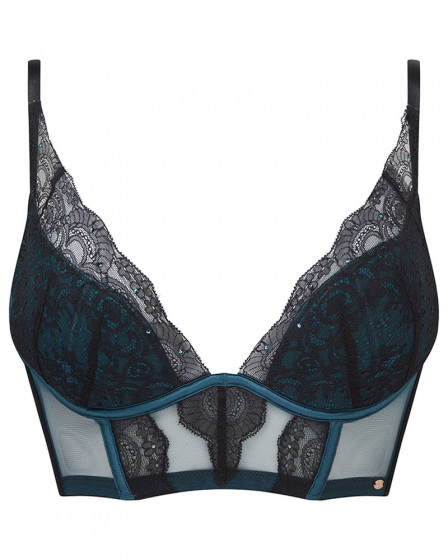 VIP Confession Longline Padded Plunge Bra- Black/Teal. Soft-sheen satin with stretchlace , Gossard lingerie, front bra cut out
