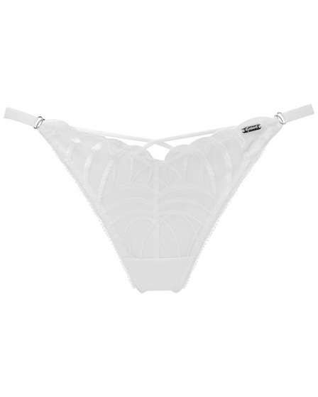 Fiesta Strappy Thong - White Sparkle. Opalescent shimmer and embroidery details thong, Gossard lingerie, front thong cut out
