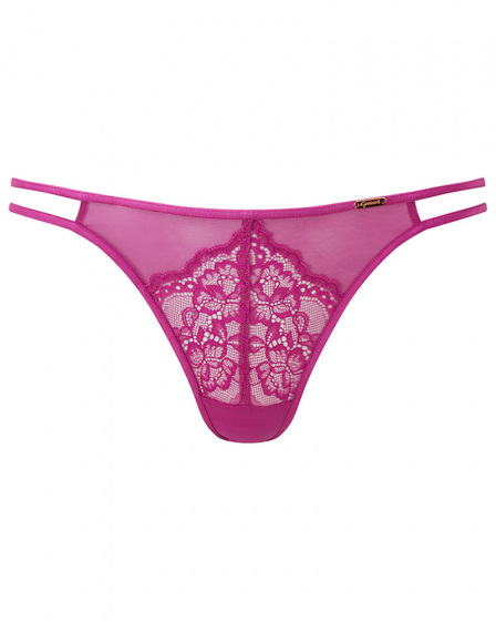 Suspense Thong- Fuchsia. Stretch lace made with recycled yarns, Gossard luxury lingerie, front thong cut out
