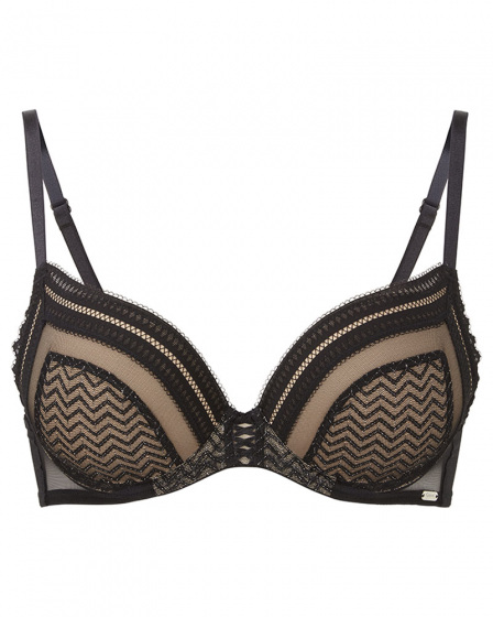 Contradiction Padded Plunge Bra- Black/Silver. Graphic lace with lurex detailing bra , Gossard lingerie , front bra cut out
