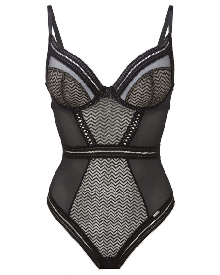 Contradiction Body - Black/Silver. Graphic lace with lurex detailing body, Gossard luxury lingerie, front body cut out
