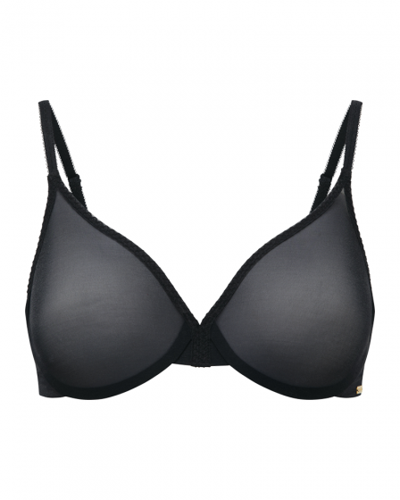 Glossies Sheer Moulded Bra - Black. Sheer bra cup, almost see through lingerie. Gossard luxury lingerie, front bra cut out
