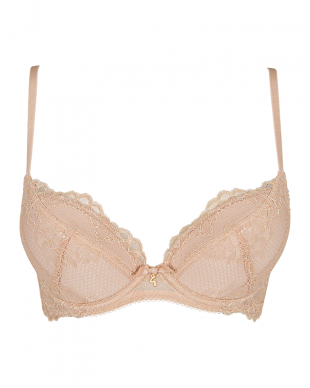 Superboost Lace Plunge Bra - Nude. A perfect fit padded underwired bra. Gossard luxury lace lingerie, front product cut out
