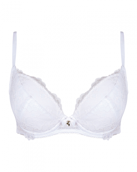 Superboost Lace Plunge Bra - White. A perfect fit padded underwired bra. Gossard luxury lace lingerie, front product cut out
