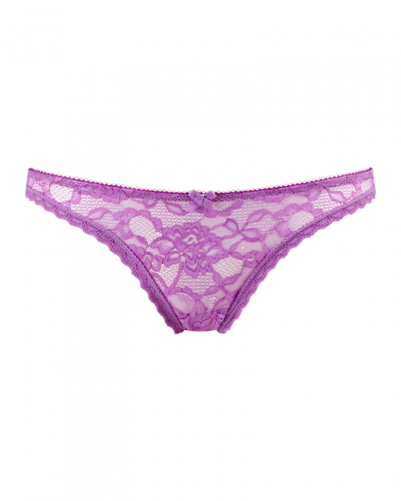 Gossard Lace Bikini- Violet. Sheer brief with all over stretch lace fabric, Gossard luxury lingerie, front brief cut out
