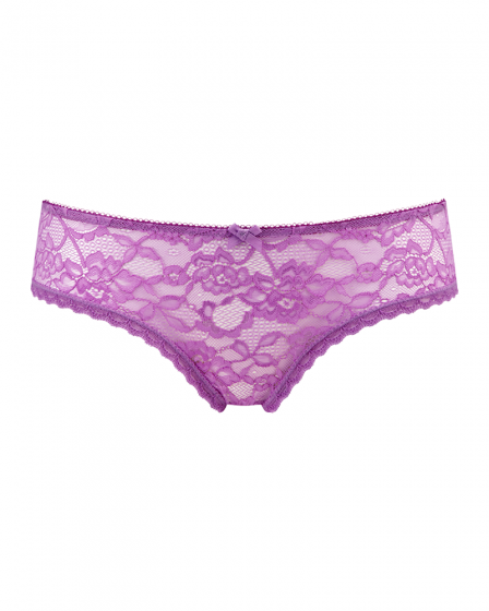 Gossard Lace Cheekini- Violet. Short made with all over stretch lace fabric, Gossard luxury lingerie, front short cut out
