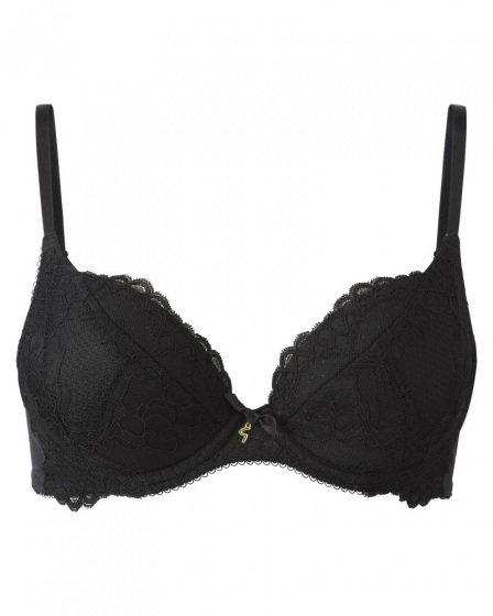 Superboost Lace Plunge Bra - Black. A perfect fit padded underwired bra. Gossard luxury lace lingerie, front product cut out
