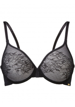 Glossies Lace Sheer Moulded Bra -Black. Moulded lace sheer bra, Gossard luxury lingerie, front bra cut out

