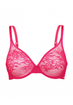 Glossies Lace Sheer Moulded Bra - Hot Pink. Moulded lace sheer bra, Gossard luxury lingerie, front bra cut out
