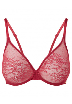 Glossies Lace Sheer Moulded Bra -Raspberry Blush. Moulded lace sheer bra, Gossard luxury lingerie, front bra cut out
