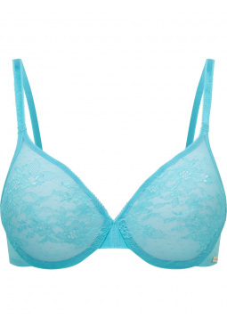 Glossies Lace Sheer Moulded Bra - Turquoise Sea. Moulded lace sheer bra, Gossard luxury lingerie, front bra cut out
