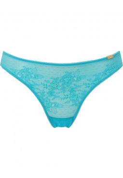 Glossies Lace Brief - Turquoise Sea. Sheer mesh brief with delicate floral lace , Gossard luxury lingerie, front brief cut out
