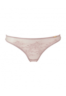 Glossies Lace Thong  - Mink . Sheer mesh thong with delicate floral lace, Gossard luxury lingerie, front thong cut out
