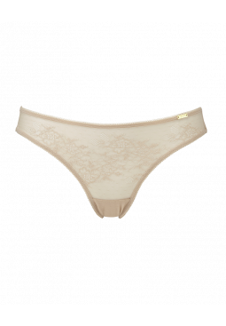 Glossies Lace Thong  - Nude . Sheer mesh thong with delicate floral lace, Gossard luxury lingerie, front thong cut out
