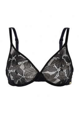 Glossies Lotus Sheer Moudled Bra -Black. Sheer bra with vintage style lace, Gossard luxury lingerie, front bra cut out
